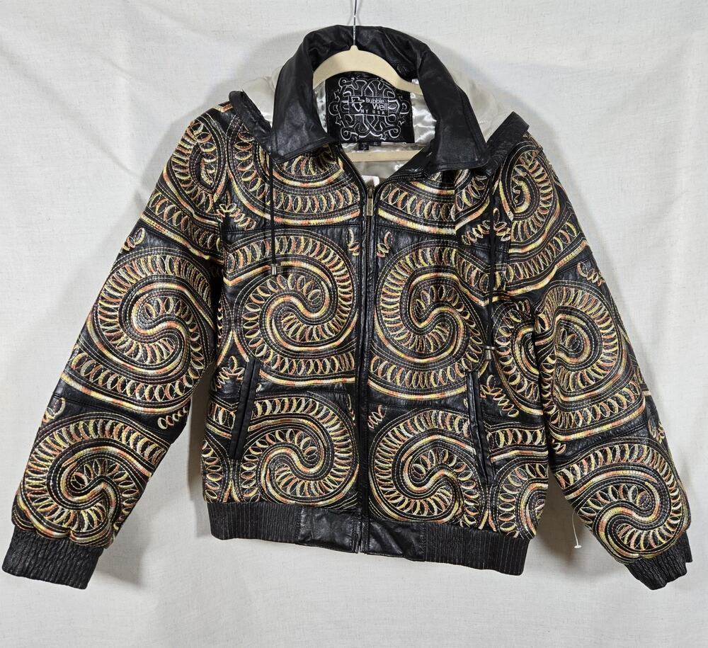 Vintage Y2K Bubble Well NY USA Heavily Embroidered Women's Leather Bomber Jacket